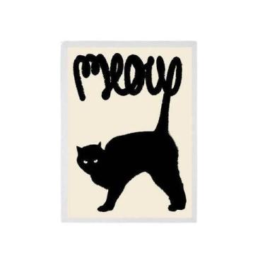Imagem de Quadro Gato Preto Meow 45X34Cm - Com Vidro - Madeira Branca - Quadros 