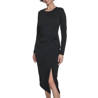 Imagem de Calvin Klein Vestido midi feminino manga longa gola redonda crepe lateral babados, Preto, 42