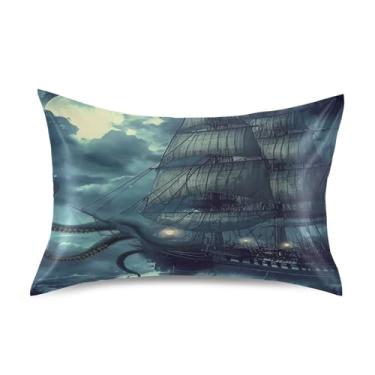 Imagem de Blueangle Fronha de cetim navio pirata para cabelo e pele, fronha de seda, tamanho padrão (51 x 66 cm) - Capas de almofada de cetim com fecho de envelope (547)