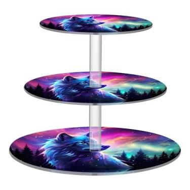 Imagem de Blueangle Suporte redondo de cupcake de 3 camadas – Torre de sobremesa de acrílico Aurora Boreal Lobo, suporte de sobremesa em camadas antiderrapante para chá de bebê, aniversário, festa de casamento