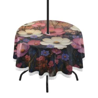 Imagem de ATTX Toalha de mesa redonda com paisagens florais ao ar livre – 152 cm, impermeável, à prova de derramamento, uso interno/externo, com orifício para guarda-chuva com zíper para acampamento, piquenique