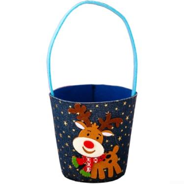 Imagem de Conjunto de 3 sacolas com desenhos de Papai Noel e rena, sacos de presente de Natal de tecido com alças convenientes, azul 27 x 13 x 13 cm