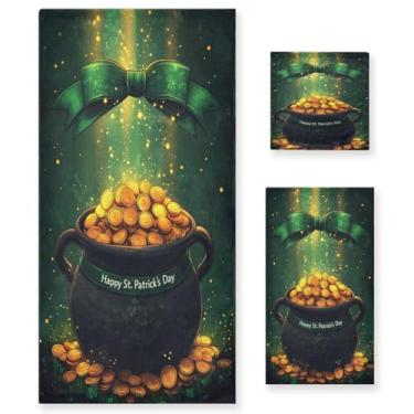 Imagem de Blueangle Conjunto de toalhas decorativas de banheiro com padrão de pote dourado do dia de São Patrício, conjunto de 3 peças com toalha de banho, toalha de mão e toalha de banho (151)