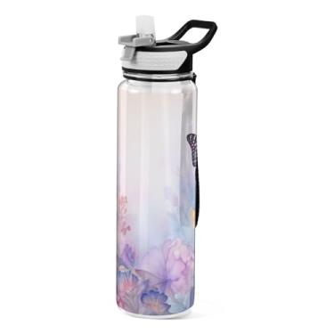 Imagem de ATTX Garrafa de água rosa borboletas, 947 ml, à prova de vazamento e livre de BPA, garrafas de água reutilizáveis de plástico Tritan para viagens, academia, fitness, corrida #547