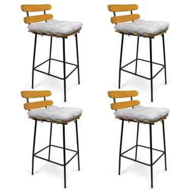 Imagem de Kit 04 Banquetas Costela Suede Base Metal Cinza
