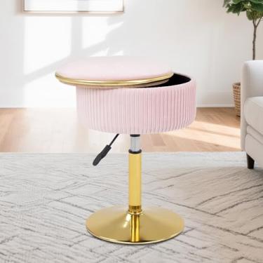 Imagem de LITZFUR Banqueta ajustável para sala de maquiagem, cadeira pequena giratória de 360°, apoio para os pés otomano redondo para sala de estar e quarto (veludo - ouro rosa, 33 cm)