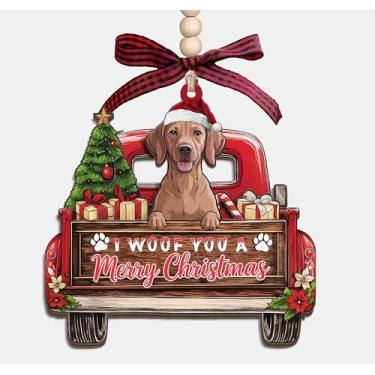 Imagem de Enfeite de madeira I Woof You A Merry Christmas - Caminhão de Natal com cachorro Vizsla 3 camadas de madeira enfeite de lembrança presentes para mulheres e homens amantes de animais de estimação e