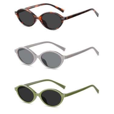 Imagem de NCLLCE Óculos de sol ovais retrô para mulheres, moderno, engraçado, vintage, leve, estreito, pequeno, anos 90 (embalagem com 3), A4 tartaruga/cinza + café/cinza claro + verde/cinza