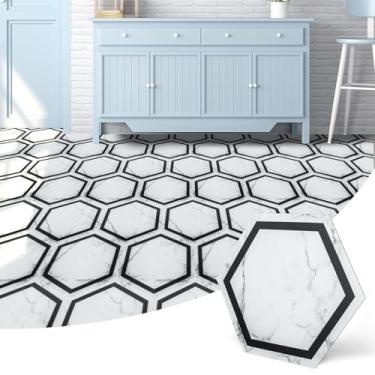 Imagem de Art3d Pacote com 10 azulejos hexagonais para piso de mármore, azulejo autoadesivo de vinil impermeável para sala de estar, cozinha, banheiro, quarto, mármore branco de 30 x 26 cm