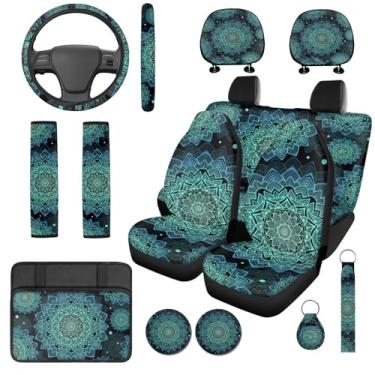 Imagem de Bulopur Boho Mandala Floral Capas de Assento Auto Frente e Traseira com Console de Carro Combinando Almofada de Apoio de Braço Capa de Volante Cinto de Segurança Almofada Almofada de Encosto de Cabeça