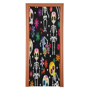 Imagem de Qilmy Decoração de capa de porta 89 x 200 cm tecido grande placa de decoração de festa de Halloween para porta da frente Halloween bonito caveira varanda decoração externa janela parede 539