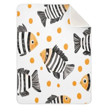 Imagem de Wassud Cobertor de bebê listrado com design de peixe para meninos e meninas, macio e recém-nascido, cobertor aconchegante de algodão essencial para berçário, viagem, berço, carrinho 76 x 101 cm