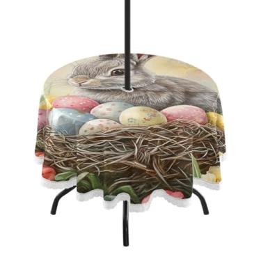 Imagem de CEBUGI Toalha de mesa redonda para uso ao ar livre, coelho, impermeável, com furo Umberlla, capa de mesa lavável para pátio, cozinha, sala de jantar, 152 cm