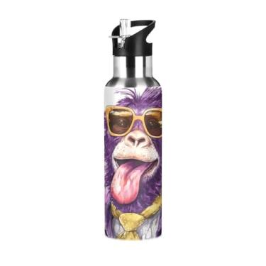 Imagem de Wassud Garrafa de água engraçada macaco de aço inoxidável esportiva garrafa de água com isolamento de canudo copo portátil de viagem 623 g