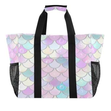 Imagem de Wassud Sacolas de compras reutilizáveis de sereia arco-íris grande bolsa organizadora de lona impermeável para praia, piquenique, lavanderia, viagem