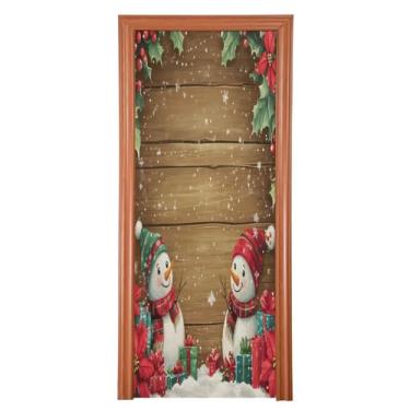 Imagem de Qilmy Lindo boneco de neve com fundo de madeira para porta 81 x 200 cm, capas de porta decoração de casa, sala de estar, corredor, porta, festas, shopping center, janela, decoração de Natal 428