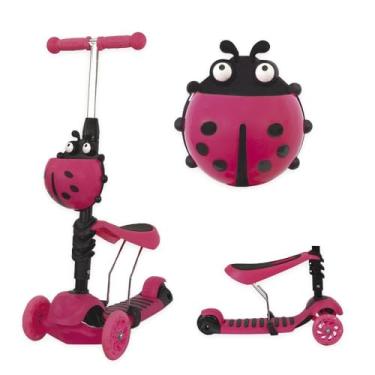 Imagem de Patinete Infantil 3 Rodas Joaninha 2 em 1 com Luz, Rosa, Banco Móvel, Freio Traseiro, 74cm Altura, para Crianças a partir de 3 Anos