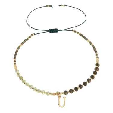 Imagem de Frigotine Pulseiras com inicial de pedra natural com contas douradas para mulheres e adolescentes, boêmio feito à mão verde escuro personalizado contas de pedra turquesa nome da letra pulseira