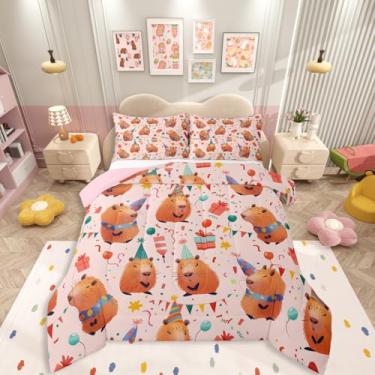 Imagem de Erosebridal Conjunto de cama rosa Capybara para meninas, animais fofos, tamanho solteiro, para crianças, adolescentes, adultos, balões coloridos, fitas, presentes, decoração de festa, edredom