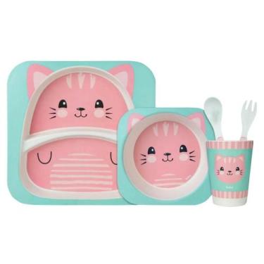 Imagem de Kit Refeição para Bebê em bambu de Gato Prato Bowl Copo e Talher Buba