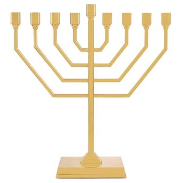 Imagem de Menorá Zion Judaica Chanucá em ouro elegante tradicional com design moderno 23 cm x 22 cm com base ampla todo em metal alto polimento acabamento galvanizado serve para velas Hanukah padrão