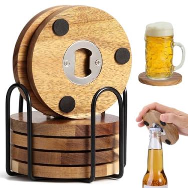 Imagem de Yoption 6 peças de porta-copos de madeira para bebidas com abridor e suporte de garrafas, porta-copos de madeira de acácia com almofada antiderrapante para artesanato DIY, mesa de café, mesa de jantar