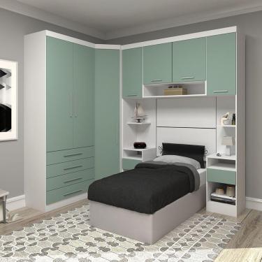 Imagem de Quarto De Canto Solteiro Com Guarda Roupas E Mesas De Cabeceira Alpes Luciane Móveis Branco Pf Com