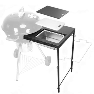 Imagem de Mesa de grelha multifuncional para chaleira Weber 56 cm/45,7 cm/66 cm e Smokey Mountain, Recteq Pellet Grill RT-B380, estação de preparação com tábua de corte, bacia, 4 ganchos, prateleira lateral de