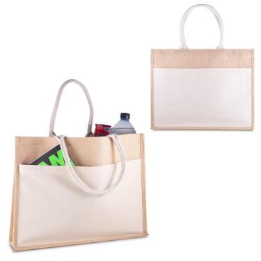 Imagem de Sacola em Juta com Bolso Frontal em Algodão Cru, Alças Resistentes de Algodão, Interior Revestido em Plástico PP, Base Plana, 35,5x45x11cm