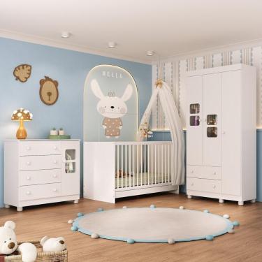 Imagem de Quarto De Bebê Completo Com Berço 3 Em 1 Para Colchão 130x60cm Sol Multimóveis MP4526 Branco