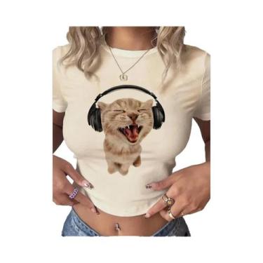 Imagem de Camiseta Cropped Feminina Com Estampa De Gato Harajuku, Camiseta Sexy 