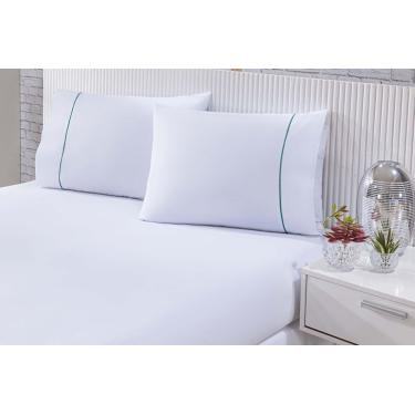 Imagem de Jogo De Cama 100% Algodão Percal 150 Fios Solteiro Gran Moratta 2 Peças - Branco E Detalhe Verde