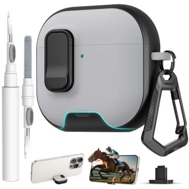 Imagem de Capa protetora para AirPods 4 com trava, textura de couro TPU, durabilidade, antiperda e à prova de choque, acessórios de capa protetora com kit de limpeza em chaveiro para Apple AirPods 4 geração