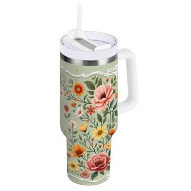 Imagem de ODAWA Grande garrafa de água isolada verde floral com alça e tampa de palha, copo de aço inoxidável com tampa 2 em 1