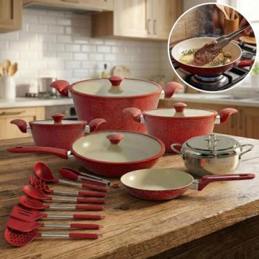 Imagem de Jogo De Panelas Vermelhas 17 Peças Marmoziada Hermès Antiaderente Indução