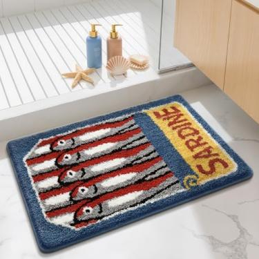 Imagem de WREWING Tapete de banho de sardinhas enlatadas, design completo de lata com peixinhos empilhados, tapete antiderrapante macio e absorvente, lavável à máquina, decoração retrô oceânica para banheiro