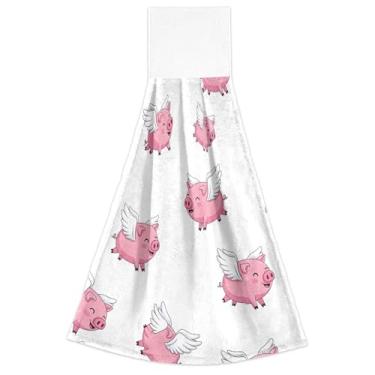 Imagem de Cute Pink Pigs White Wings Fall Hanging Dish Toalhas de Mão Toalha de Forno Ultra Absorvente Bonito Decorações de Cozinha Conjunto de 2, 45 x 35 cm