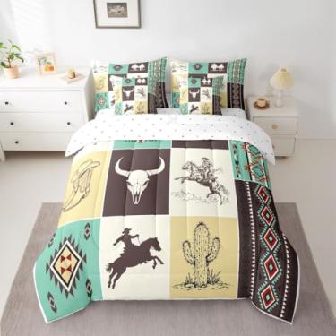 Imagem de Feelyou Conjunto de edredom ocidental Queen Size 7 peças asteca do sudoeste cama rústica de cavalo caubói em uma bolsa com edredom, lençóis, fronhas, capas de almofada, decoração vintage country
