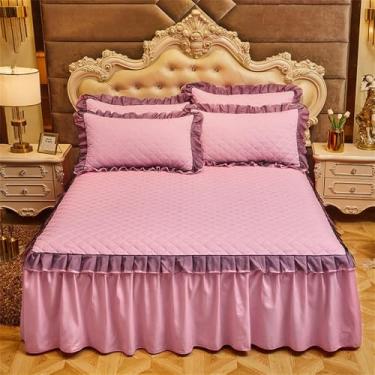 Imagem de Capa de colchão de casal com babados, saia acolchoada e elástico, para cama de solteiro e casal, cor rosa, 200x220cm, 1 peça