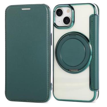 Imagem de Capa carteira para iPhone 15 com 3 compartimentos para cartão, bloqueio RFID, suporte de anel giratório de 360° e compatibilidade magnética, capa traseira transparente à prova de choque, suporta