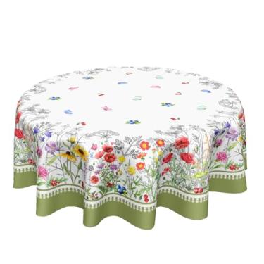 Imagem de Kawani Toalha de mesa redonda floral primavera 178 cm verde flor selvagem borboleta toalha de mesa rústica capa de mesa para cozinha, sala de jantar, festa, decoração interna e externa de casa
