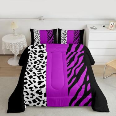 Imagem de Feelyou Conjunto de edredom com estampa de leopardo, para todas as estações, com listras de zebra e 2 fronhas, guepardo e pele de zebra, Queen com estampa de animal, respirável, macio e leve