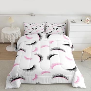 Imagem de Feelyou Conjunto de edredom com cílios para meninas, tamanho casal, rosa, para decoração de quarto de crianças, meninos, meninas, microfibra, ultramacia e respirável