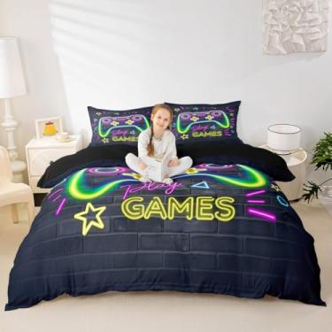 Imagem de Manfei Conjunto de capa de edredom de videogame, tamanho casal, conjunto de cama com controle de jogos para adolescentes, 3 peças, capa de edredom moderna para gamepad, decoração de quarto de crianças