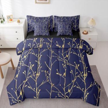 Imagem de Erosebridal Jogo de cama solteiro de 7 peças de galho de folha dourada | Jogo de cama azul marinho em uma bolsa, design moderno, minimalista, para crianças, meninos e meninas, conjunto de lençol com