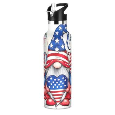 Imagem de Garrafa de água infantil de aço inoxidável de 590 ml com tampa de palha, bandeira dos gnomos americanos, linda garrafa de água isolada para escola com alça, copos de viagem infantis sem BPA