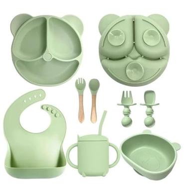 Imagem de Kit 8pçs Talheres de Silicone p/Bebê com Ventosa, Colher, Garfo, Canudo e Babador Infantil (8 pcs/verde)