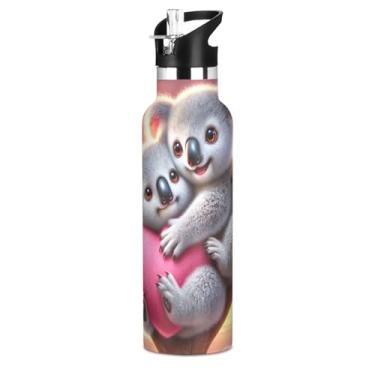 Imagem de Garrafa de água isolada de aço inoxidável de 590 ml com tampa de canudo para bebidas frias ou quentes, lindos copos infantis de parede dupla à prova de vazamento de coala para meninos e meninas