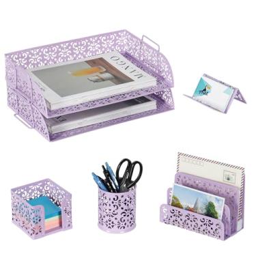 Imagem de EasyPAG Organizador de mesa e acessórios de 5 peças de material de escritório – bandeja de papel de 2 camadas, organizador de lápis para mesa, mesa de correio, suporte de cartão de visita e suporte de