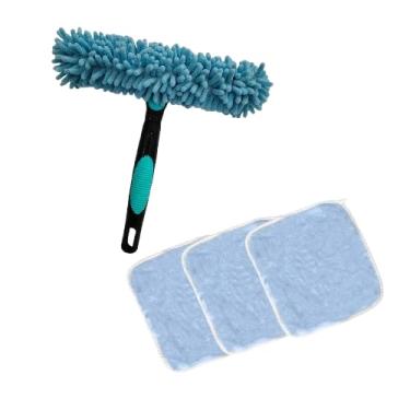 Imagem de Kit de limpeza de 4 peças, escova de vidro azul dupla face 2 em 1 e 3 toalhas absorventes ferramenta de limpeza de carro e casa, raspador de rodo de banheiro seguro para vidro, azulejos, superfícies